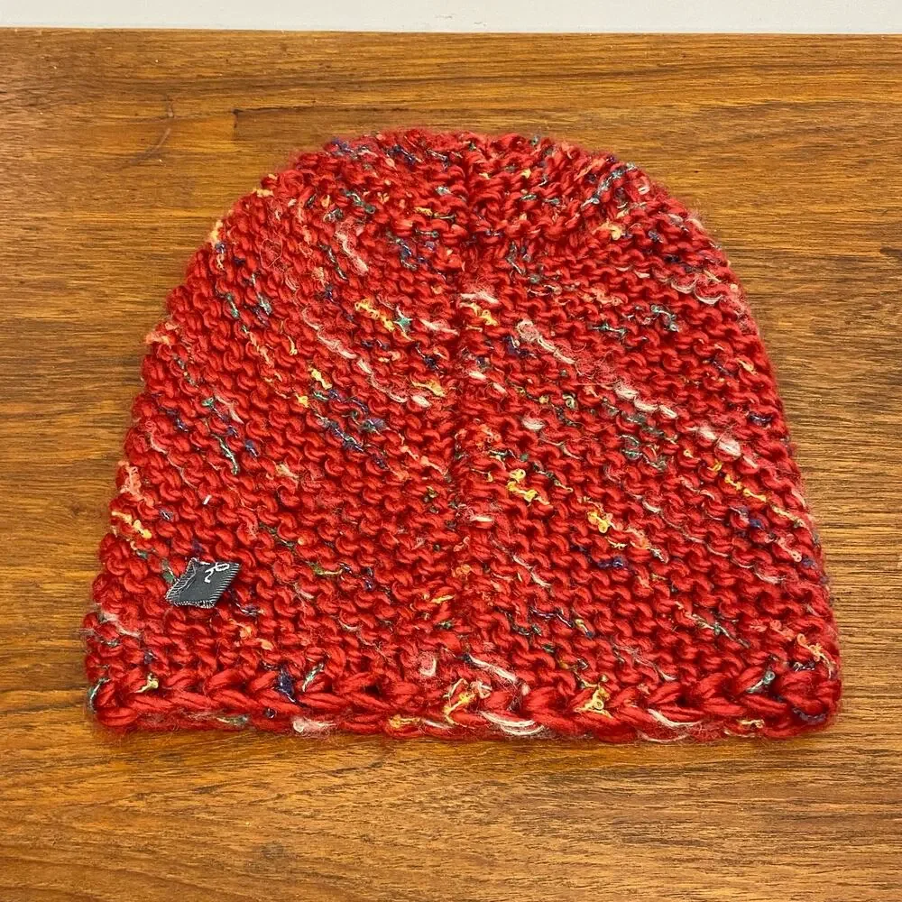 Wool Blend Women’s Red Chunky Knit Beanie Stocking Cap Ski Winter Hat Boho Indie